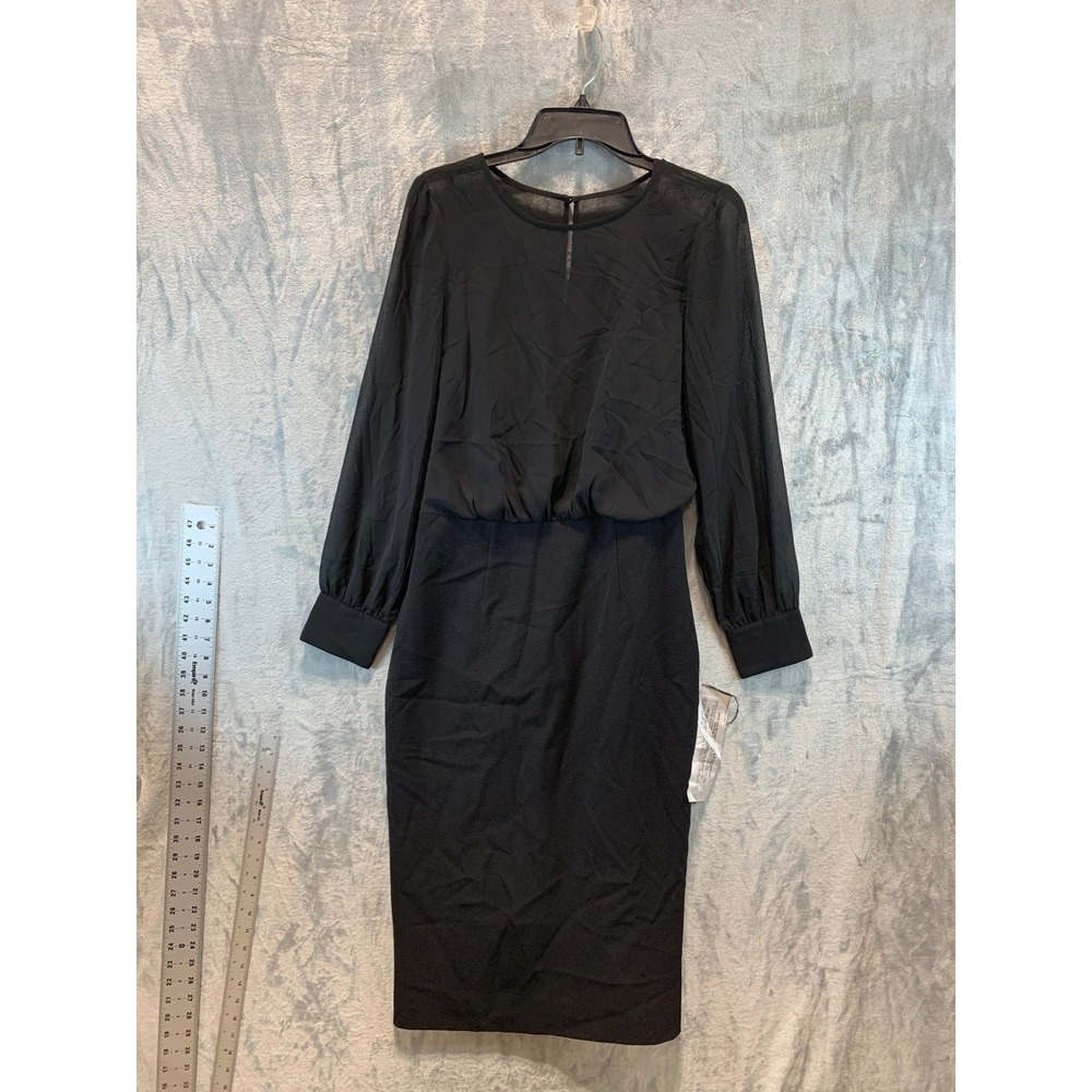 Dress The Population Black Sheer Blouson Long Sleeve Midi Dress Size M